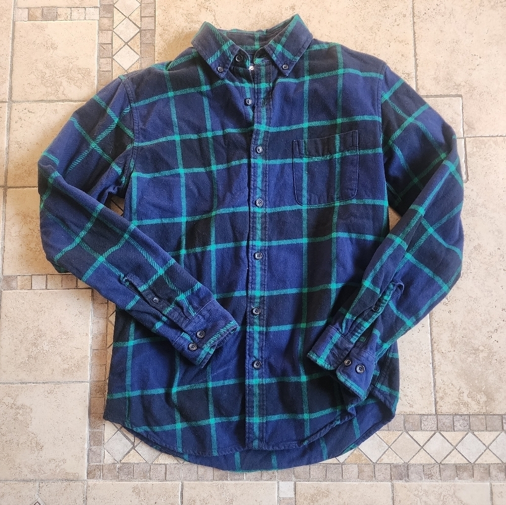 Lands' End Navy and Teal Checkered Shirt